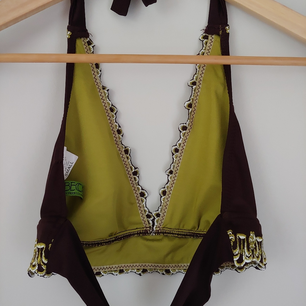 BECCA Swimsuit Embroidered Tie Bikini Set Brown Vintage Size Small - Picture 8 of 11